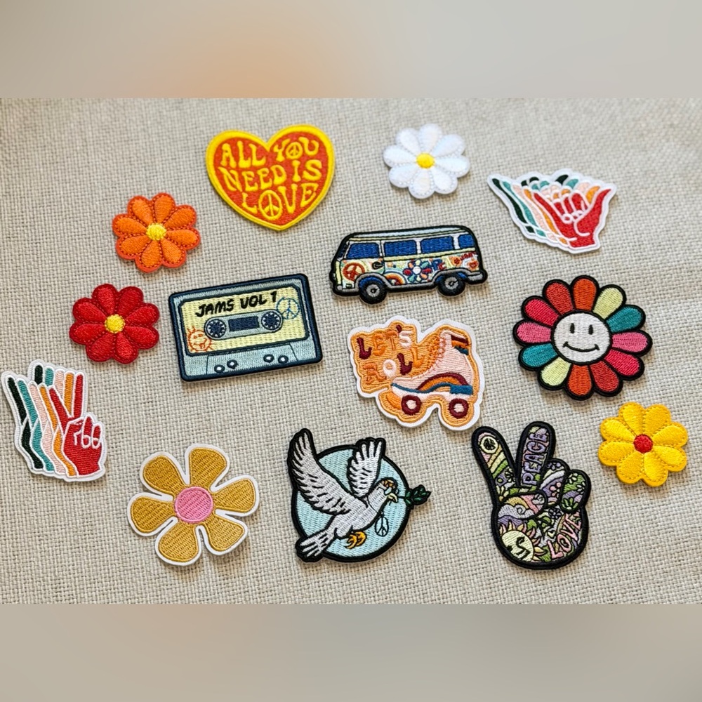 14 Flower Power Hippie Iron On Patch Lot. Groovy | Peace | Backpack Decor Retro